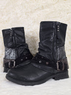 Coin Charmed Leather Panel Boots