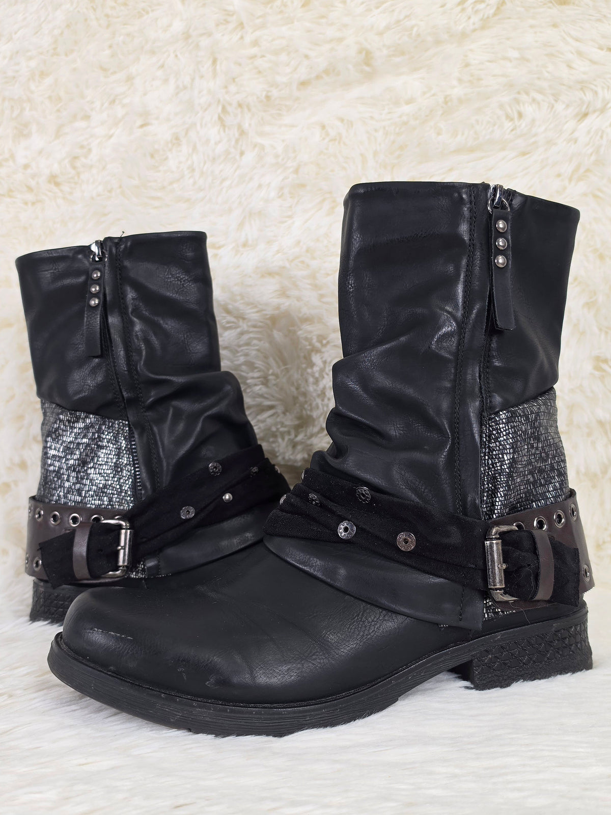 Coin Charmed Leather Panel Boots