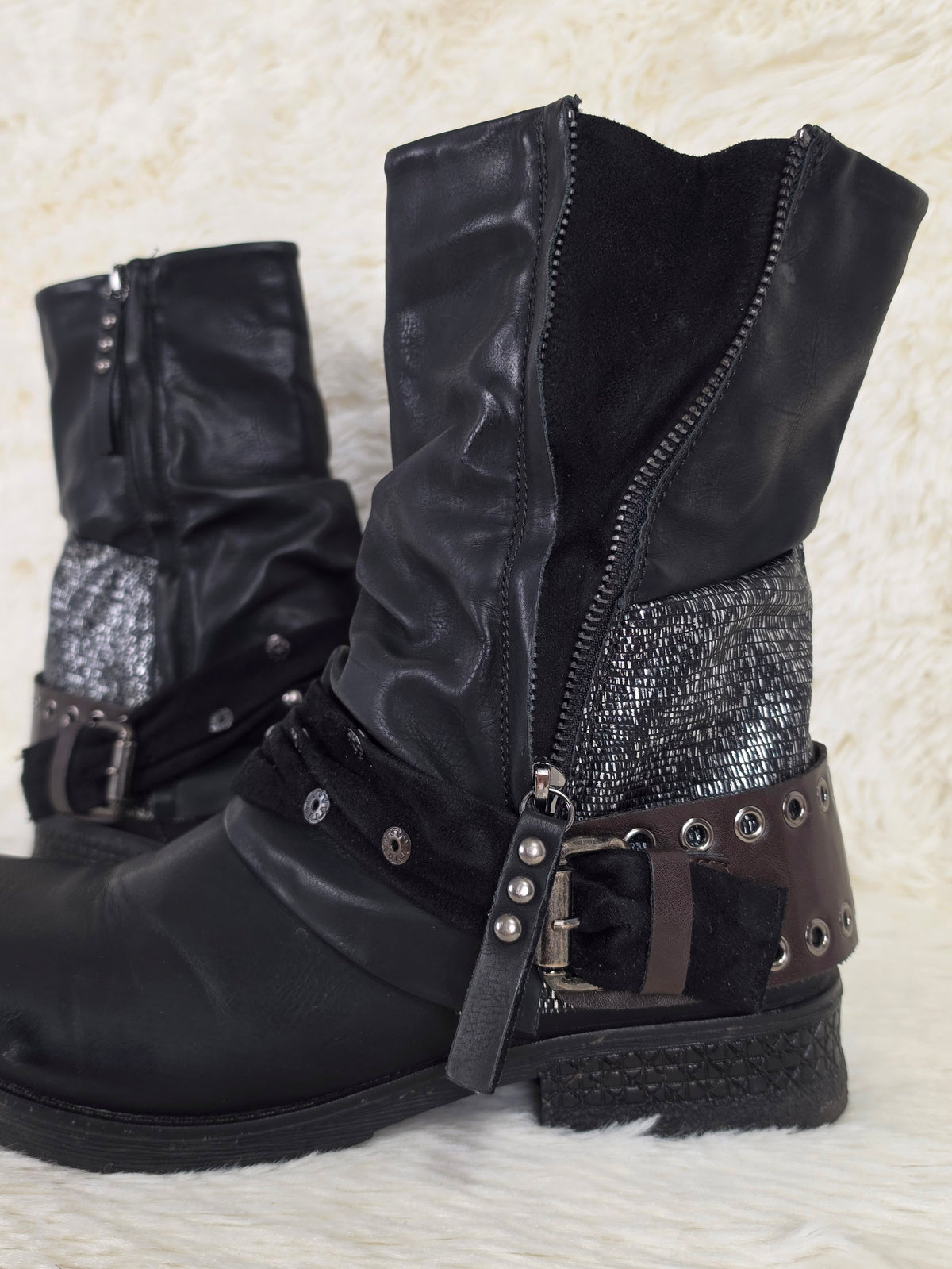 Coin Charmed Leather Panel Boots