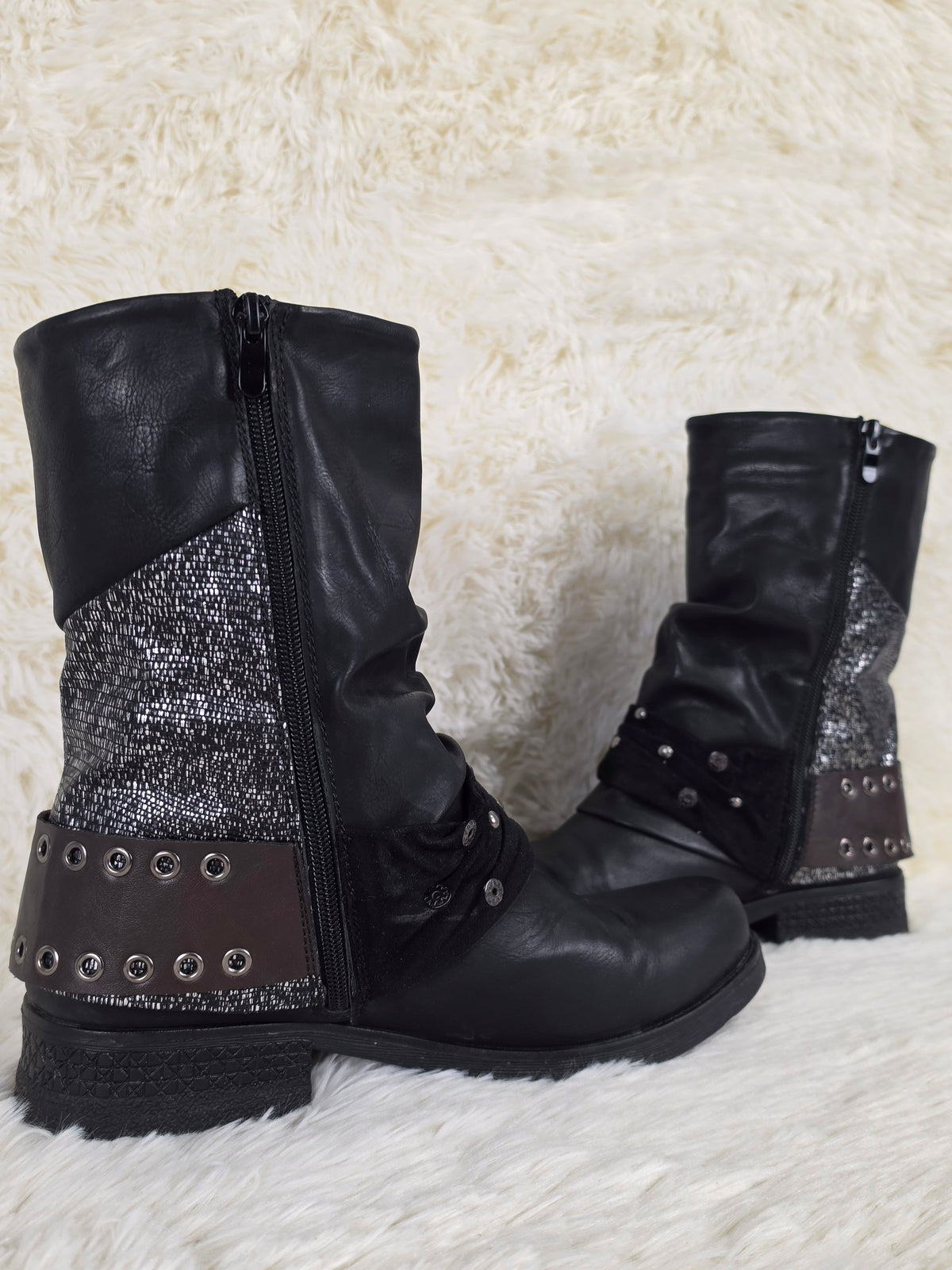 Coin Charmed Leather Panel Boots