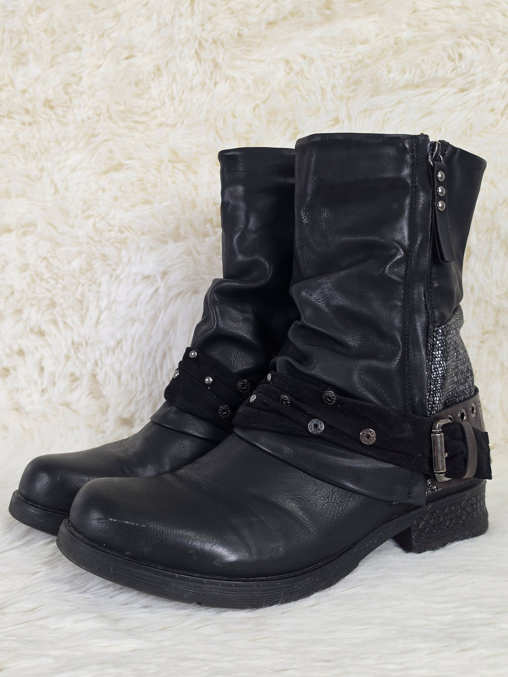 Coin Charmed Leather Panel Boots