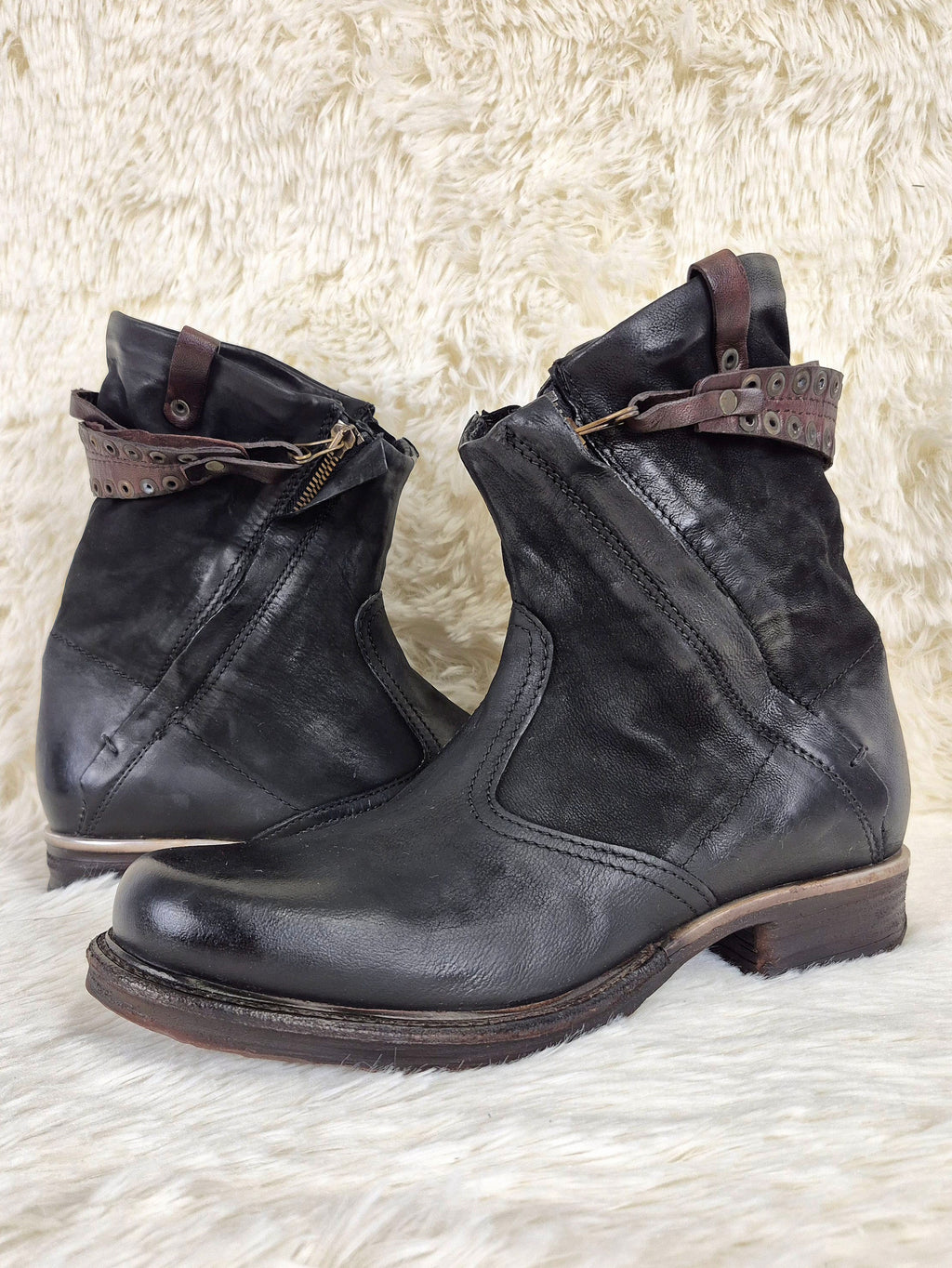 A.S.98 Slouched Double Zipper Leather Boots